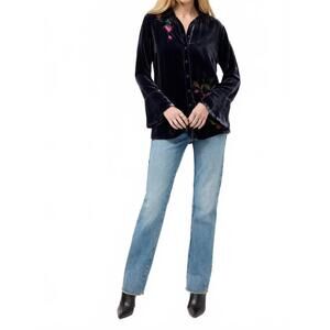 NEW JOHNNY WAS flounce sleeve velvet button down shirt in sapphire blue